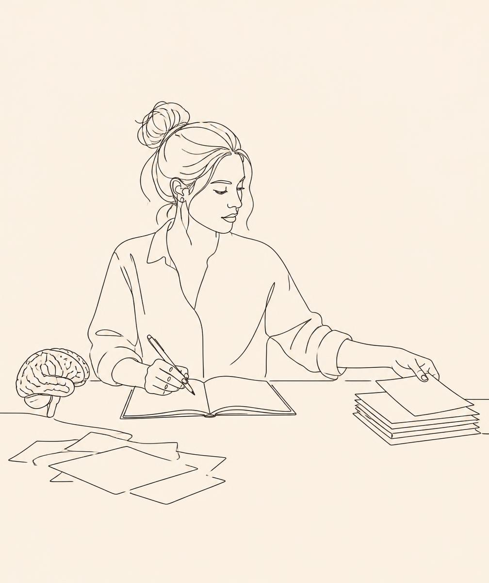 Line-art illustration of a woman writing at a desk beside an anatomical brain