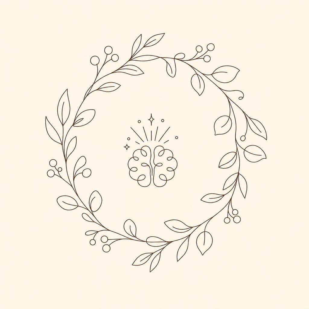 Decorative line drawing of a leafy wreath around a small brain