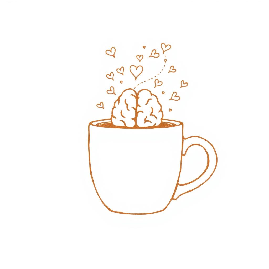 Line drawing of a coffee mug with a small brain floating above it like steam