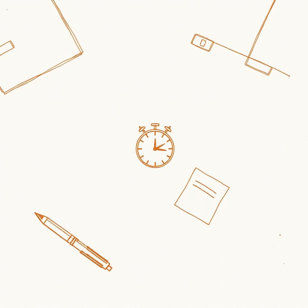 Line drawing of a desk being cleared, with a small clock, pen, and notes