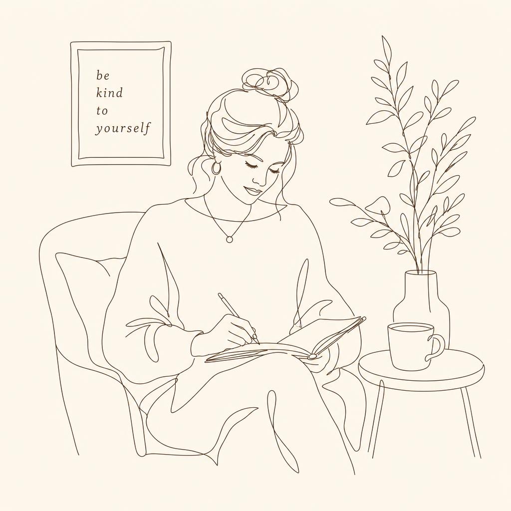 Line drawing of a mother journaling in a quiet corner